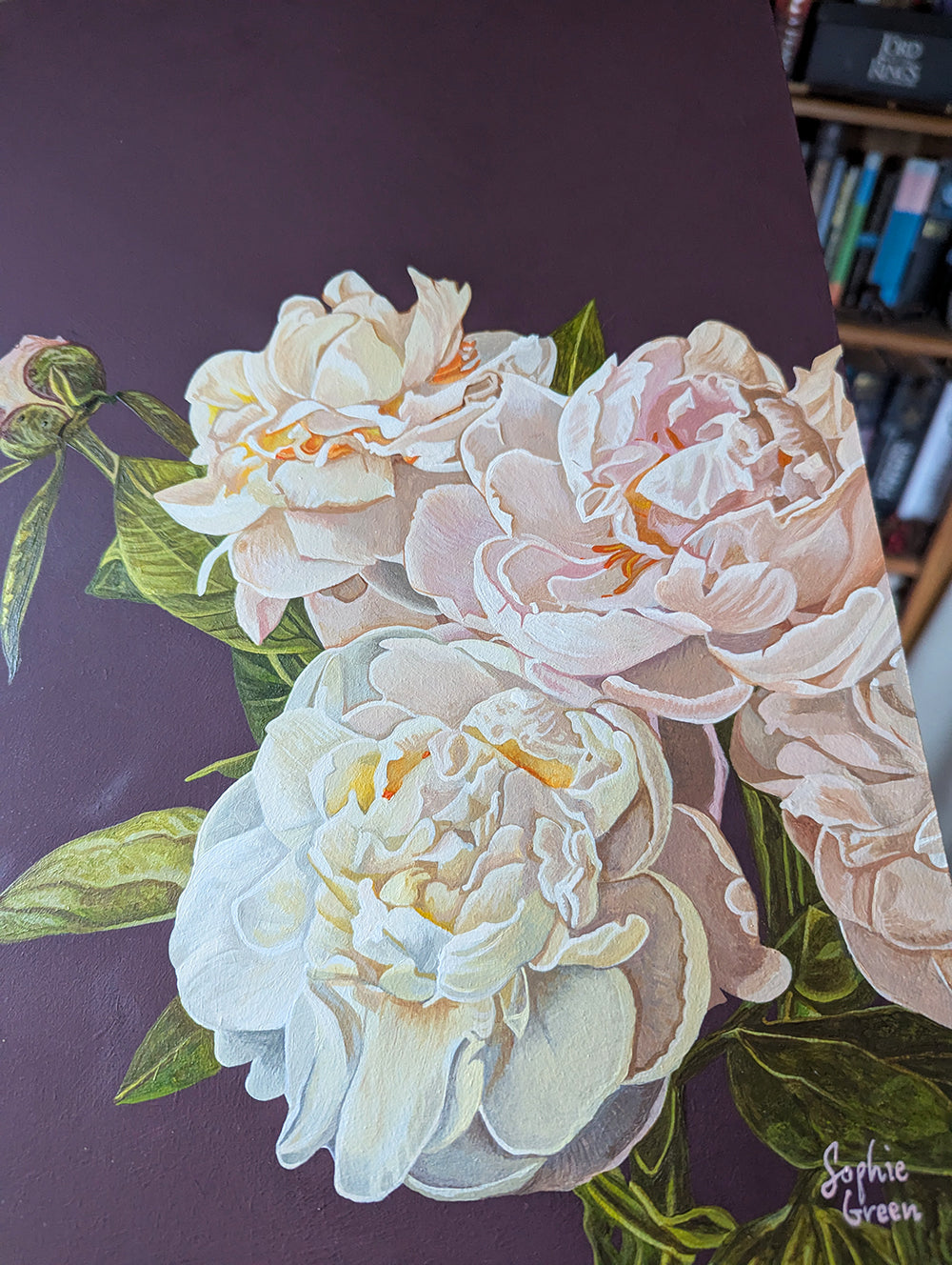 White Peonies - Brinjal - Original Acrylic Artwork